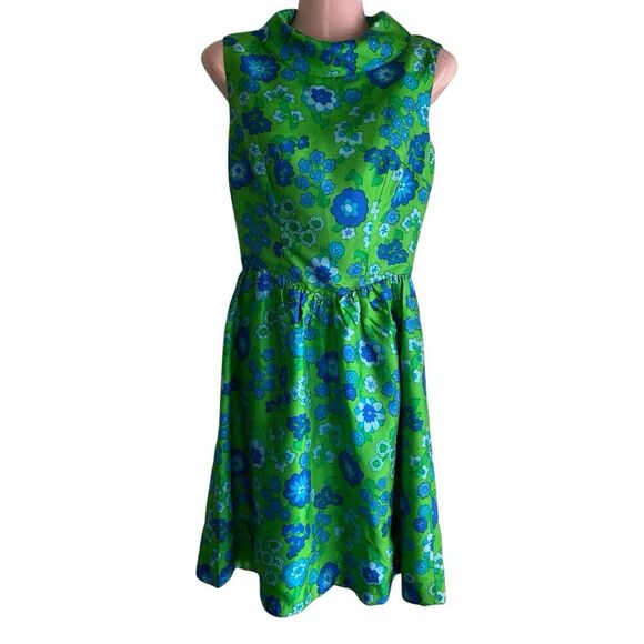 Vtg 1970s Lord & Taylor Dress Women's Small Silk Blue Green Floral Mod - Picture 1 of 6